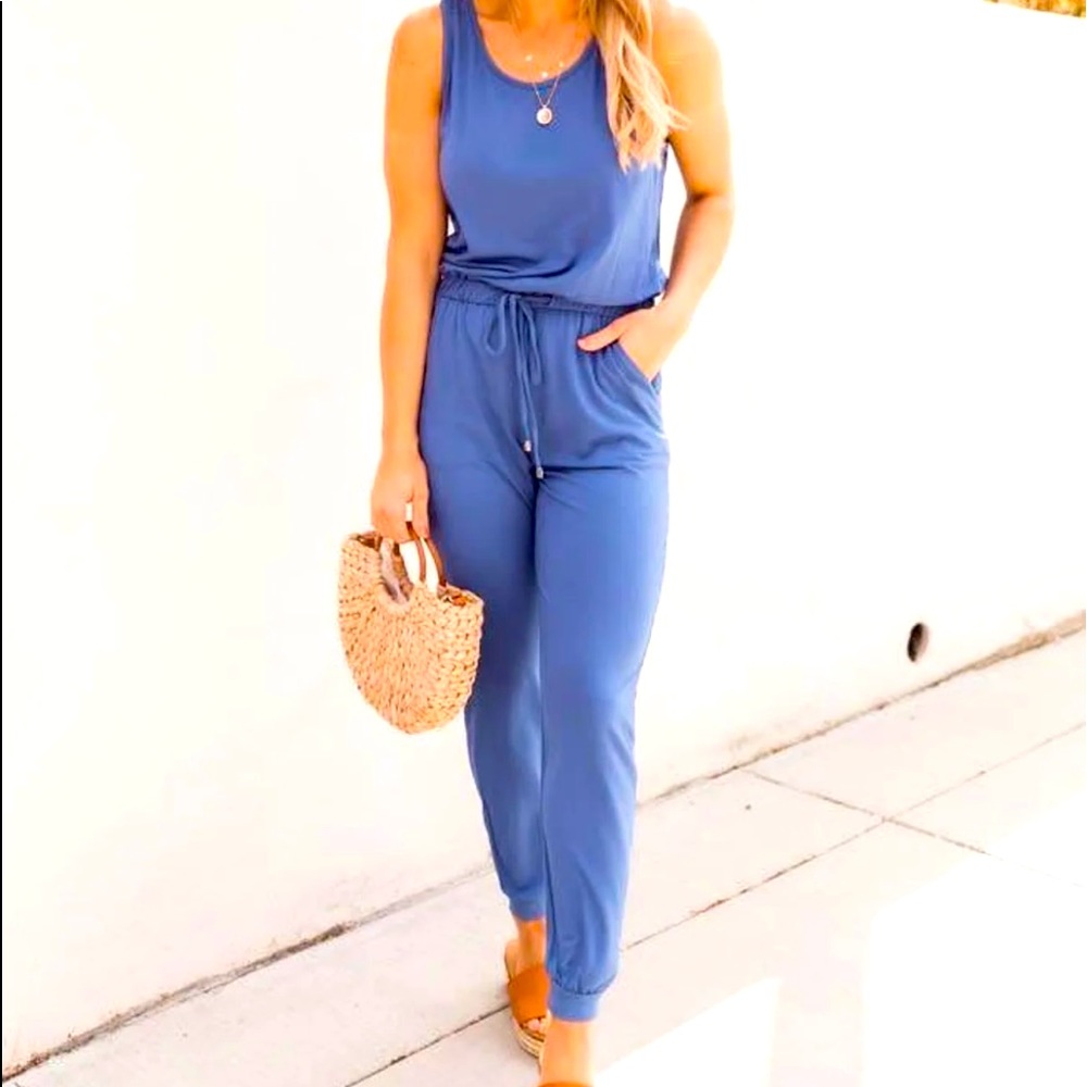 Pink Lily Let’s Be Happy Blue jumpsuit size S.